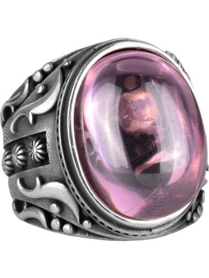 925 Ayar Gümüş Yüzük, Tasarım Gümüş Erkek Yüzüğü (Pembe Topaz Yapay Taş)