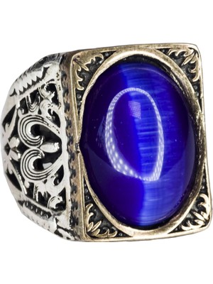 Sterling Gümüş Erkek Yüzük, Yapay Mavi Göztaşı, Vintage Kartal Pençesi Tasarımı