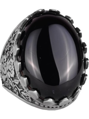 Doğal Taş Yüzük - Gül Desenli Yüzük - 925 Ayar Gümüş Yüzük - El Yapımı Büyük Yüzük (Oniks)