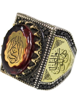 Erkek Sterling Gümüş Yüzük, Cami Işlemeli Yüzük, Amber Taşlı, Islami Yüzük