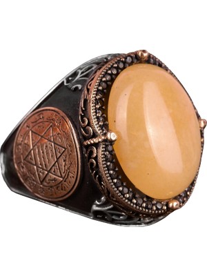 David Yıldızı Yüzüğü, Doğal Sarı Akik Taş Yüzüğü - Gümüş Erkek Yüzüğü, 925 Ayar Gümüş Yüzük Tasarımı