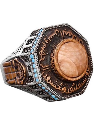 Doğal Taş Yüzük - 925 Ayar Gümüş Erkek Islami Özel Yüzük Al-Aksa Camii Tasarımı (Sarı Safir)