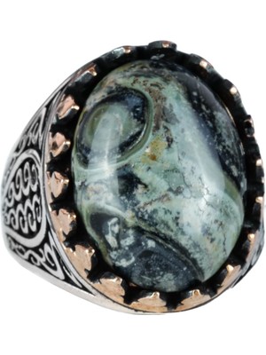 925K Katı Gümüş Erkek Yüzük, Doğal Taşlarla - El Yapımı Şıklık (Yeşil Göz Taşı)