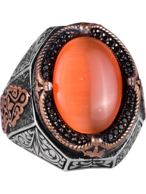 925 Ayar Gümüş Yüzük, Turuncu Kedi Gözü Yapay Taş Yüzük, Tasarım Gümüş Erkek Yüzüğü