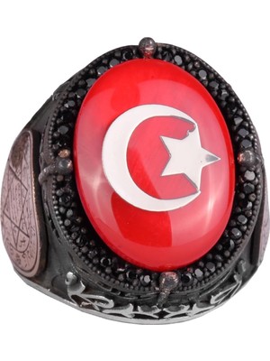 Yıldız ve Hilal Desenli Yüzük - El Yapımı Yüzük - 925 Ayar Gümüş Erkek Yüzüğü