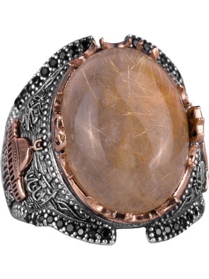 Doğal Cabochon Altın Rutilli Kuvars Taşı Camisi Yüzüğü, 925 Ayar Katı Gümüş Erkek Yüzüğü