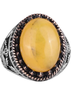 Doğal Taş Yüzük - El Yapımı Şahin Yüzük - 925 Ayar Gümüş Yüzük (Amber)