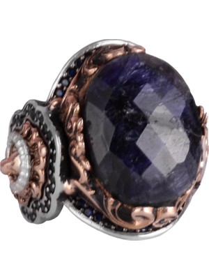 925 Ayar Gümüş Erkek Yüzük - Safir Taş - Aslan Sembolü El Yapımı Yüzük