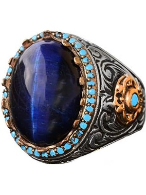Kral Yüzük - Yapay Mavi Kaplan Göz Taşı, 925 Ayar Gümüş Unisex Yüzük