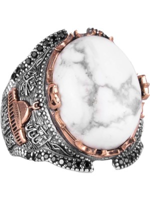 Islami Camii Doğal Howlite Taşlı Erkek Yüzük, 925 Ayar Gümüş Yüzük