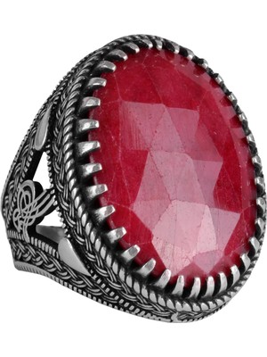 Doğal Yakut Taşlı Yüzük - Osmanlı Tuğra Deseni - 925 Ayar Sert Gümüş Yüzük