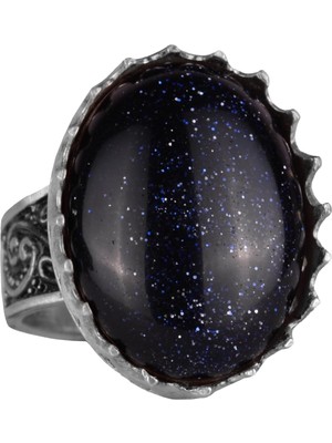 925 Ayar Gümüş Yüzük - Büyük Yüzük - Sentetik Taşlı Gümüş Yüzük - El Yapımı Yüzük (Sentetik Mavi Güneş)