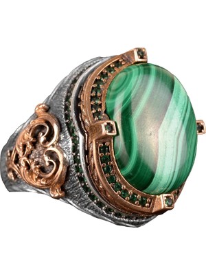 925 Ayar Gümüş Erkek Yüzük, Doğal Malahit ile El Yapımı Vintage Tasarım, Erkekler Için Şık Yeşil Taş Yüzük