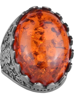 925 Ayar Gümüş Yüzük - Gül Desenli Yüzük - Doğal Olmayan Taş Yüzük (Oluşturulmuş Amber)