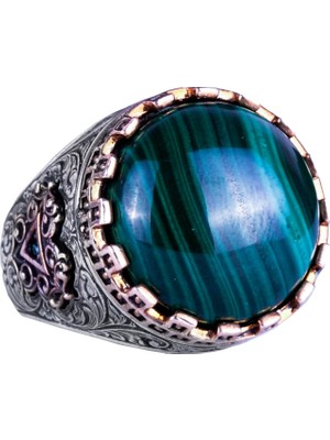 Doğal Taş Yüzük - El Yapımı Kral Yüzüğü - 925 Ayar Gümüş Yüzük (Malakit)