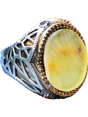 Doğal Amber Taş Yüzük - Doğal Taş, Ham Taş, 925 Ayar Gümüş Erkek Yüzük