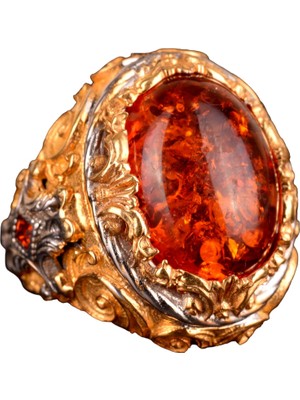 Yapay Amber Taşı Yüzük, 925 Ayar Gümüş Erkek Kral Yüzüğü, Altın Kaplama