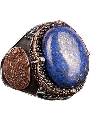 Doğal Lapis Lazuli Taş Yüzük, Süleyman Mührü Yüzüğü - Kraliyet 925K Katı Gümüş Erkek Yüzüğü - Bilgelik ve Tasarımı