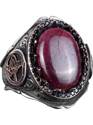 925 Ayar Katı Gümüş Erkek Yüzük - Doğal Taşlarla El Yapımı Şıklık (Cabochon Yakut Taşı)