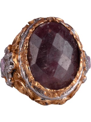 Doğal Taş Yüzük - Erkekler Için Sultan Yüzüğü - Altın Kaplama 925 Ayar Gümüş Yüzük - El Yapımı Yüzük (Kırmızı Safir)