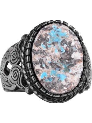 Doğal Arizona Turkuaz Baykuş Figürlü Taş Yüzük, Gümüş Erkek Yüzüğü - El Yapımı Tasarım (Stil-5)