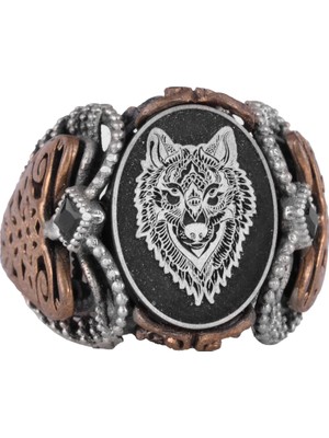 Sterling Gümüş Desenli Yüzük, Amblem - Zarif Kültürel Tasarım (Kurt Başı)