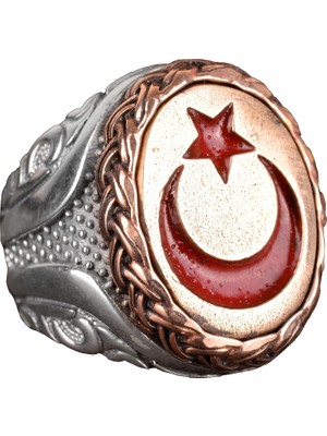 925 Ayar Gümüş Erkek Yüzük, Bronz Hilal ve Yıldız ile Osmanlı Tarzı Türk Yüzük, Bronz Taş Tasarımı