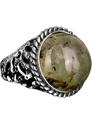 925 Ayar Gümüş Erkek Yüzük, Doğal Prehnit Taşı, Doku Detaylı Bant, Yeşil Prehnit Taşı