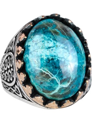 925K Katı Sterlin Gümüş Erkek Yüzüğü Doğal Taşlarla - El Yapımı Şıklık (Krisokolla Taşı)