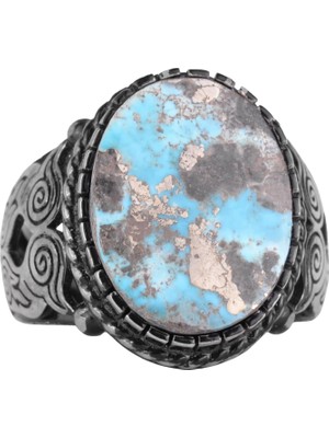Doğal Arizona Turkuaz Baykuş Figürlü Taş Yüzük, Sterlin Gümüş Erkek Yüzüğü - El Yapımı Tasarım (Stil-3)