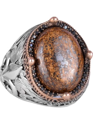 925K Gümüş Işçilikli Erkek Yüzük - Çeşitli Doğal Taşlarla Mevcut (Bronzit)