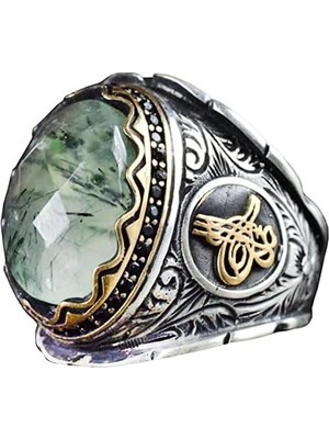 Prehnit Taşlı Yüzük, El Yapımı Osmanlı Tasarımı 925 Ayar Gümüş Erkek Yüzüğü
