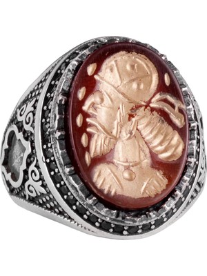 Doğal Agat Taşlı Şaman Yüzüğü - Gümüş Takı - Oymalı Taş Yüzük - 925 Ayar Gümüş Erkek Yüzüğü