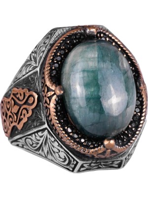 Zarif El Yapımı Cabochon Zümrüt Taşlı Yüzük, 925 Ayar Gümüş Yüzük