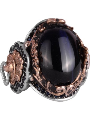 925 Ayar Gümüş Erkek Yüzük - Koyu Mavi Kedi Gözü Yapay Taş - Aslan Sembolü El Yapımı Yüzük