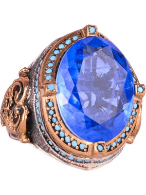 925 Ayar Gümüş Erkek Yüzük, Yapay Taşlı, El Yapımı Vintage Tasarım Ifade Yüzüğü (Yapay Mavi Paraiba)