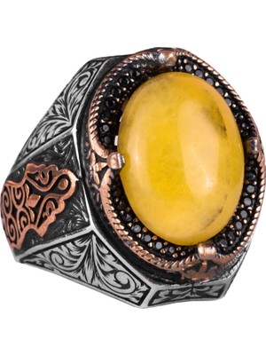 925 Ayar Katı Gümüş Yüzük - Doğal Sarı Akik Taşı Yüzük, Gümüş Erkek Yüzüğü