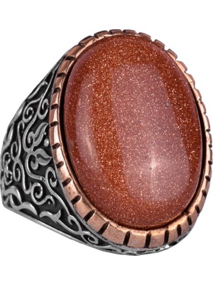 Yapay Taş Yüzük, 925 Ayar Gümüş Erkek Yüzüğü, Büyük Yüzük (Kahverengi Güneş Taşı Yapay Taş)