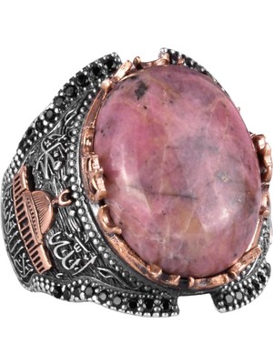 Gümüş Camii Yüzük, Rhodonit Doğal Taş Yüzük, 925 Ayar Gümüş Erkek Yüzük