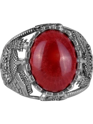 925 Ayar Gümüş Yüzük, Kırmızı Mercan Taşlı Yüzük, Islami Camii Gümüş Yüzük