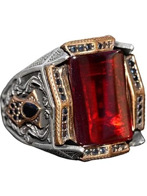 El Yapımı 925 Ayar Gümüş Yüzük - Garnet Taşlı Erkek Takısı