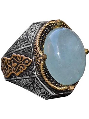 El Yapımı Vintage Tasarım Zümrüt Yüzük - 925 Ayar Gümüş Erkek Yüzük Altın Aksanlı (Akvamarin)