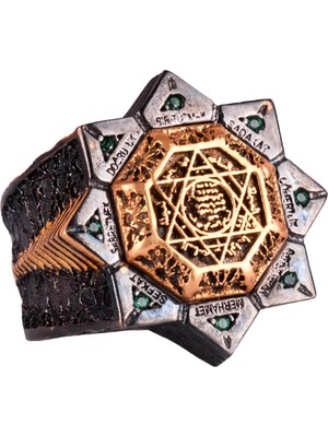 El Yapımı 925 Ayar Gümüş Erkek Yüzük - Davud Yıldızı ve Süleyman Mührü Tasarımlı Yüzük (Yeşil Zirkon)