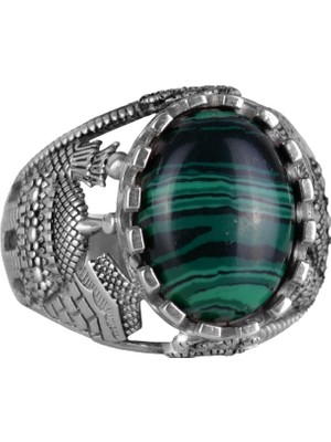 Malakit Taş Yüzük, Camii Gümüş Yüzük, 925 Ayar Katı Gümüş Erkek Yüzük, Şifalı Enerji Tasarımı