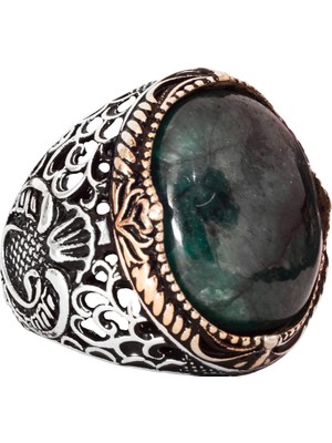 Doğal Zümrüt Taşlı Yüzük - Erkek Yüzüğü - 925 Ayar Saf Gümüş Farklı Tasarım