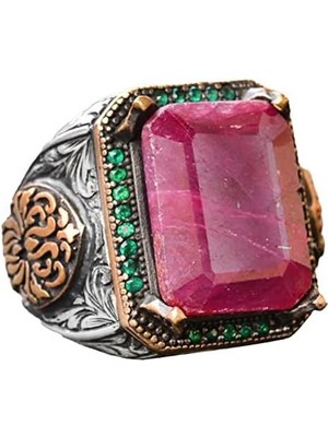Doğal Yakut Taşlı Yüzük, 15.50 Karat, 925 Ayar Gümüş Yüzük, Ham Taş, Bizans Yüzüğü Kırmızı