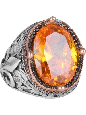 Gümüş Portakal Sitrin Taşlı Yüzük, Erkek Lüks 925 Ayar Sterling Gümüş Taşlı Yüzükler - Çeşitli Koleksiyon