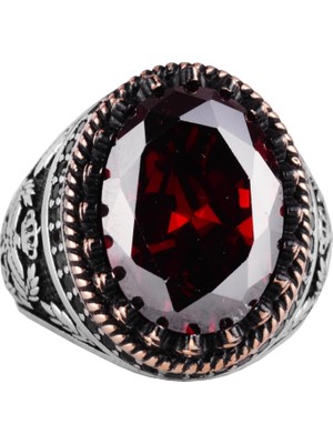 925 Ayar Gümüş Yüzük, Yapay Taş Yüzük, Kartal Sembolü Yüzük, El Yapımı Yüzük (Yapay Granat)