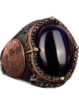 David Yıldızı Yüzüğü, Yapay Taş Yüzük, 925 Ayar Gümüş Süleyman Yüzüğü (Koyu Mavi Kedi Gözü Yapay Taş)