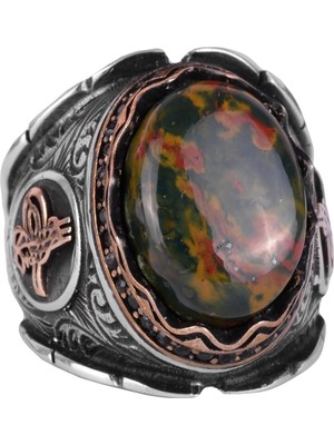 Osmanlı Tuğra Gümüş Yüzük, 925 Ayar Sterlin Gümüş Yüzük, Doğal Yeşil Kan Taşı Yüzük Erkekler Için